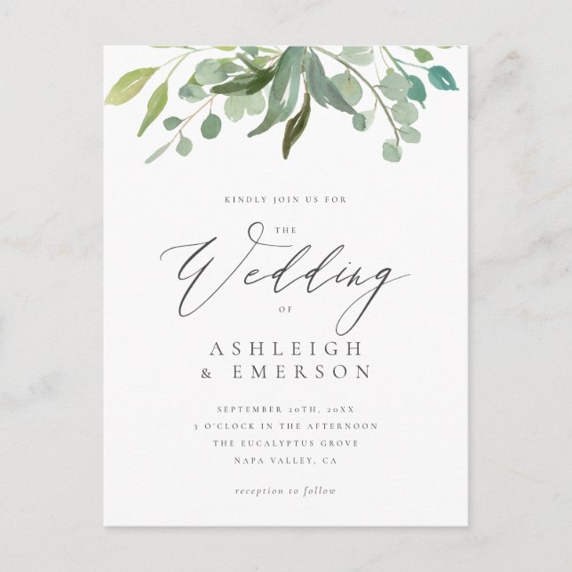 Eukalyptus Greenerity Wedding Einladungspostkarte (Vorderseite)