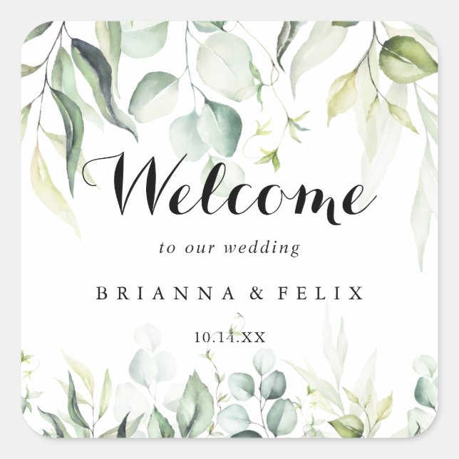 Eukalyptus Greenerity Wedding Welcome Quadratischer Aufkleber (Vorderseite)