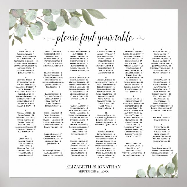 Eukalyptus Greenertical Seating Chart Poster (Vorne)