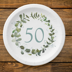 Eukalyptus Greenery 50. Geburtstag Pappteller