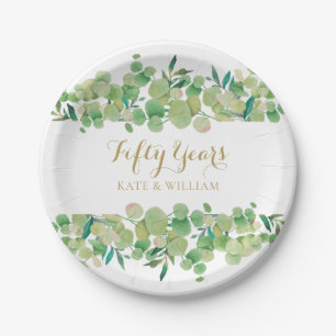 Eukalyptus Greenery 50 Gold Wedding Jubiläum Pappteller