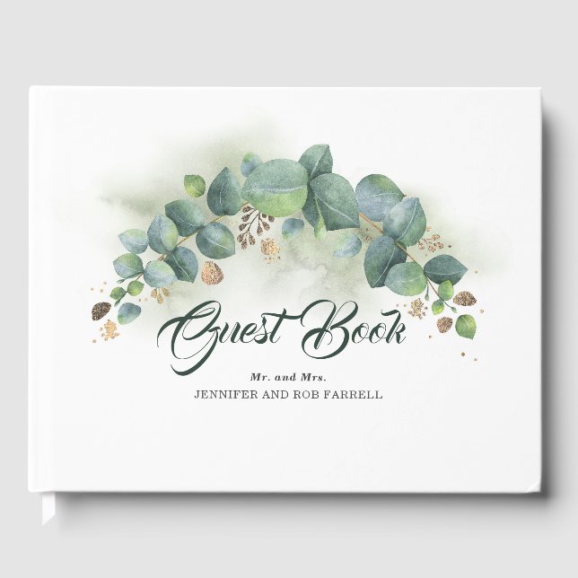 Eukalyptus Greenery and Gold Blätter Elegant Gästebuch (Vorderseite)