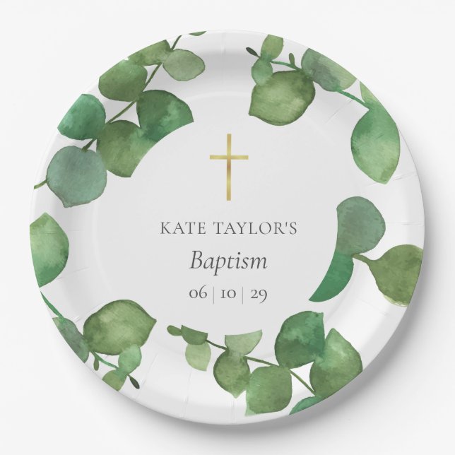 Eukalyptus Greenery Baptisse Christening Pappteller (Vorderseite)