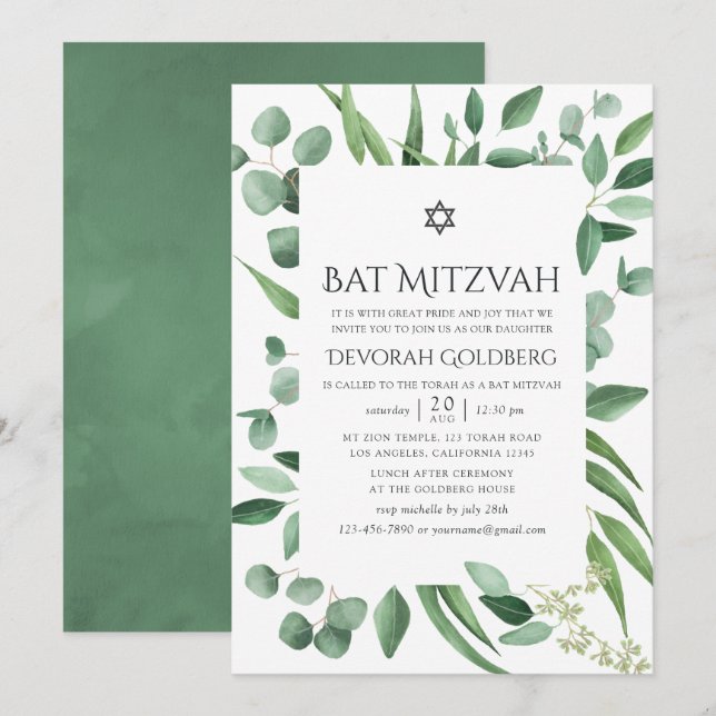 Eukalyptus Greenery Bat Mitzvah Einladung (Vorne/Hinten)