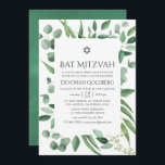 Eukalyptus Greenery Bat Mitzvah Einladung<br><div class="desc">Leaf grüne Silber-Dollar Fledermaus mitzvah Einladung mit geometrischen Rahmen und handschriftlich Typografie entwickelt, um schnell und einfach auf Ihre Event-Spezifikationen angepasst werden.</div>