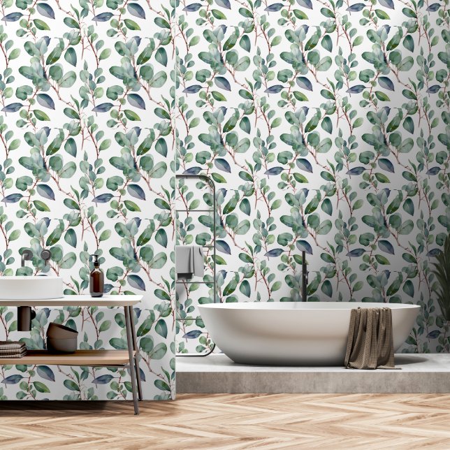 Eukalyptus Greenery Blätter Green White Elegant Tapete (Badezimmer)