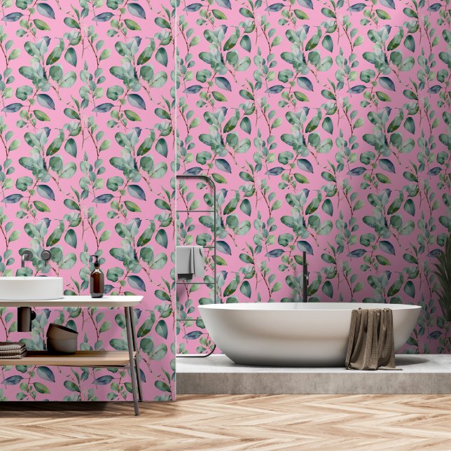 Eukalyptus Greenery Blätter Rosa Farbe Tapete (Badezimmer)