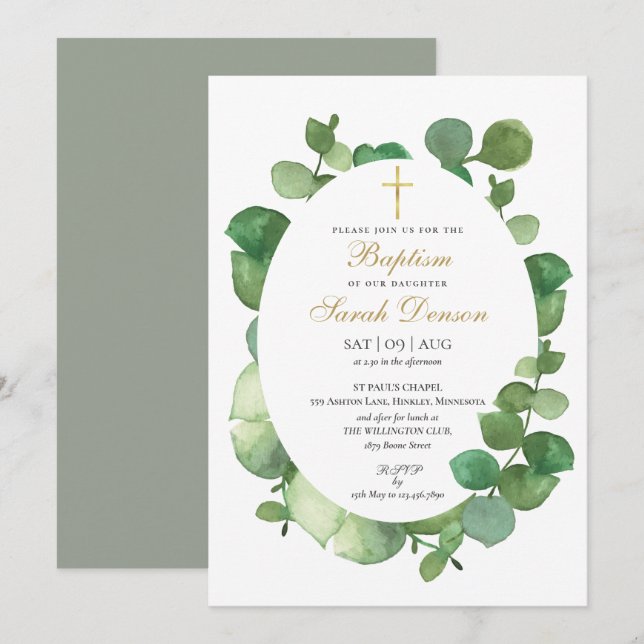 Eukalyptus Greenery Bloral Baptisse Christening Einladung (Vorne/Hinten)