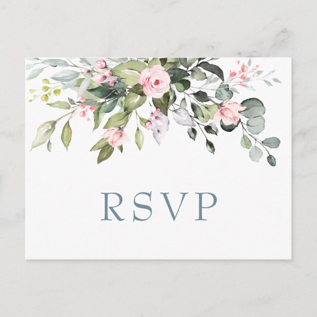 Eukalyptus Greenery Blush Rose Wedding RSVP Postkarte (Vorderseite)