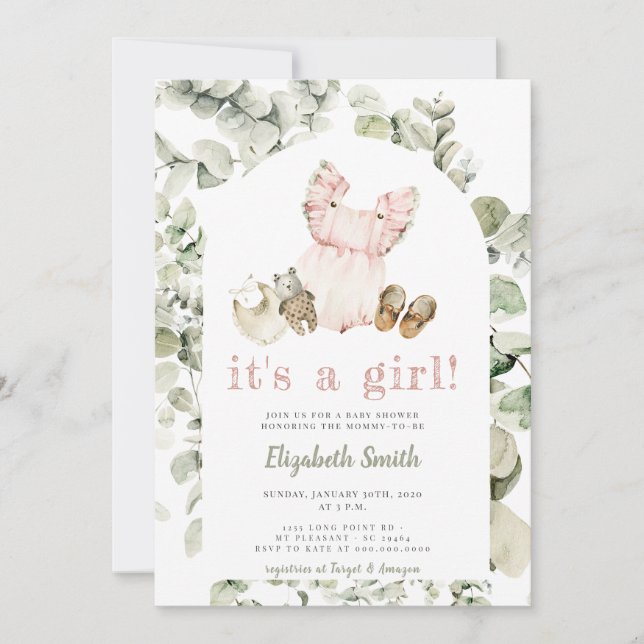 Eukalyptus Greenery Boho Es ist eine Girl Baby Dus Einladung (Vorderseite)
