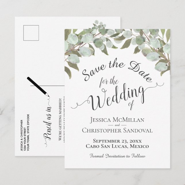 Eukalyptus & Greenery Boho Wedding Save the Date Ankündigungspostkarte (Vorne/Hinten)