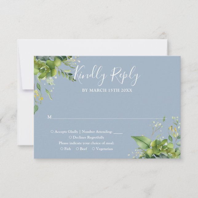 Eukalyptus Greenery Botanical Dusty Blue Wedding RSVP Karte (Vorderseite)
