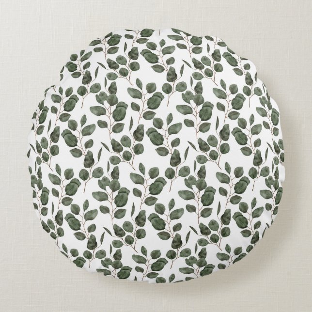 Eukalyptus Greenery Botanical Green White Trendy Rundes Kissen (Vorderseite)