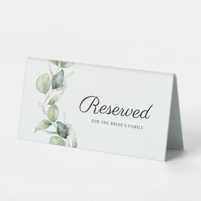 Eukalyptus Greenery Botanische Hochzeit vorbehalte Tischaufsteller (Vorderseite)