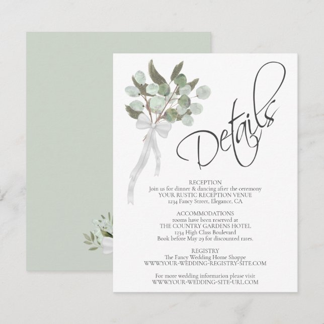 Eukalyptus & Greenery Bouquet Wedding Details Begleitkarte (Vorne/Hinten)