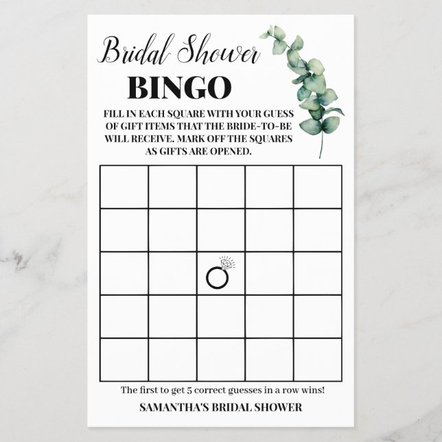 Eukalyptus Greenery Brautparty Bingo Game Card Flyer (Vorne)