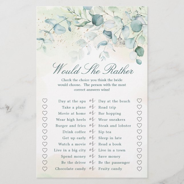 Eukalyptus Greenery Brautparty Game (Vorderseite)