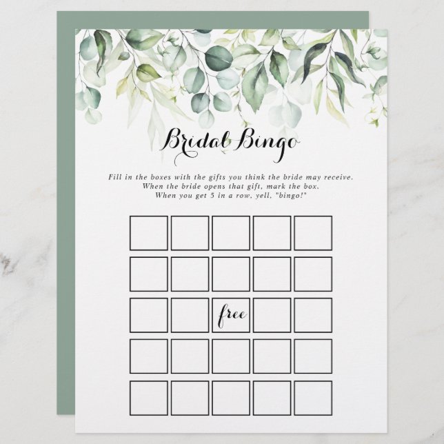 Eukalyptus Greenery Bridal Bingo Game (Vorne/Hinten)