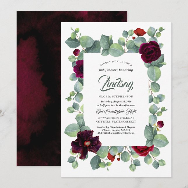 Eukalyptus Greenery Burgundy Floral Baby Shower Einladung (Vorne/Hinten)