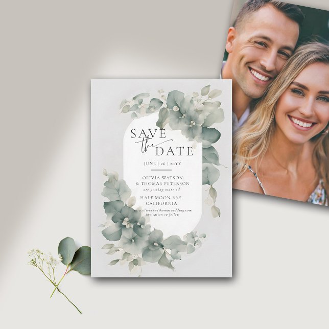 Eukalyptus Greenery Dreamy Elegantes Foto Hochzeit Save The Date (eucalyptus wedding save the date photo watercolor dreamy modern elegant classic)