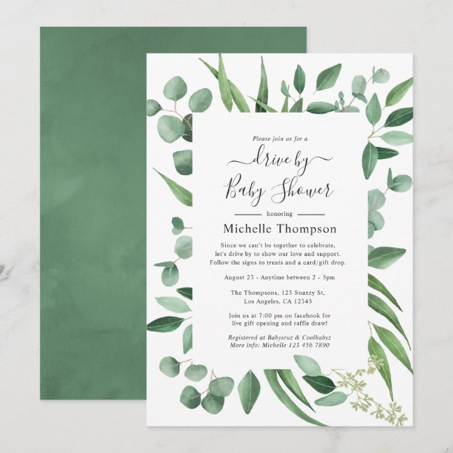 Eukalyptus Greenery Drive by Bridal oder Baby Show Einladung (Vorne/Hinten)