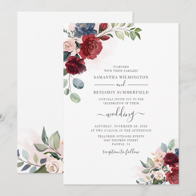 Eukalyptus Greenery Dusty Blue Botanical Wedding Einladung (Vorne/Hinten)