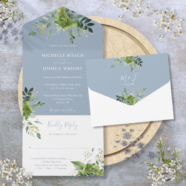 Eukalyptus Greenery Dusty Blue Monogram Wedding All In One Einladung (Eucalyptus Greenery Dusty Blue Monogram Wedding All In One Invitation)