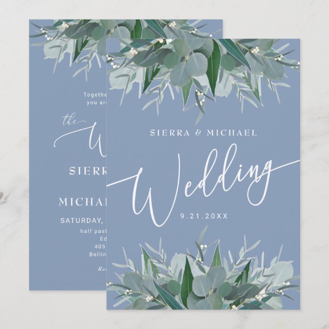 Eukalyptus Greenery Dusty Blue Wedding Einladung (Vorne/Hinten)