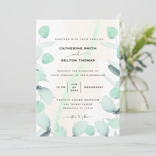 Eukalyptus Greenery Einfache und moderne Hochzeit Einladung (Stehend Vorderseite)