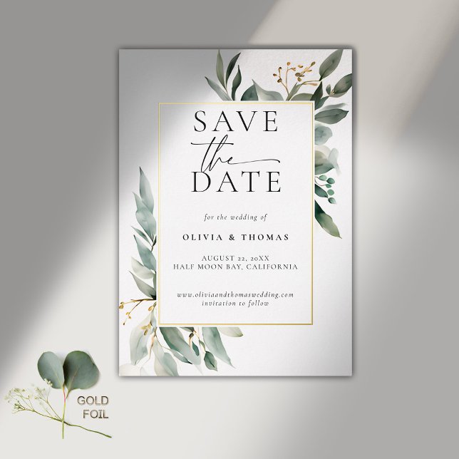 Eukalyptus Greenery Elegant Gold Wedding Rett Date Folieneinladung (modern simple wedding save the date typography calligraphy eucalyptus greenery gold foil frame)