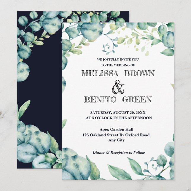 Eukalyptus Greenery Elegante Hochzeit mit Flora Einladung (Vorne/Hinten)