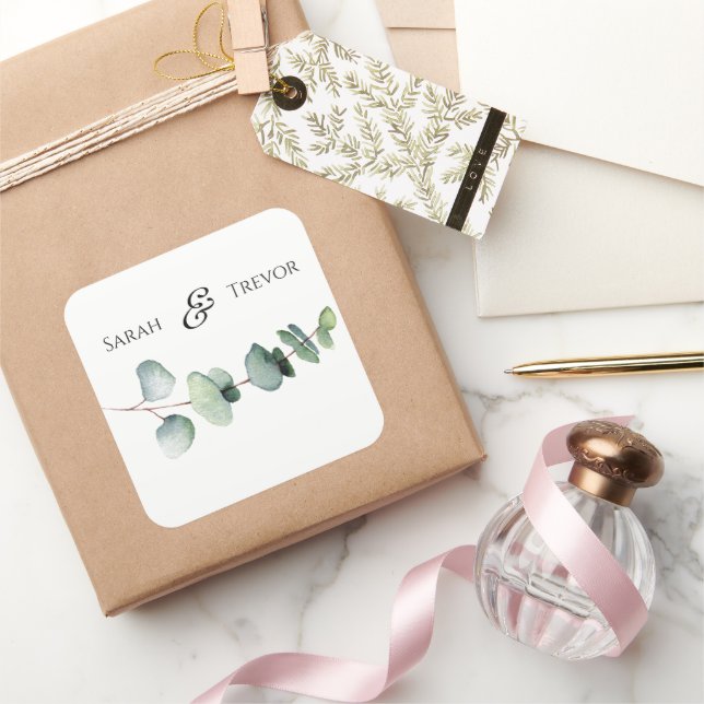 Eukalyptus Greenery Elegante Minimalistische Hochz Quadratischer Aufkleber (Schenken)