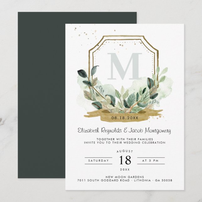 Eukalyptus Greenery Elegantes Gold Wappen Hochzeit Einladung (Vorne/Hinten)