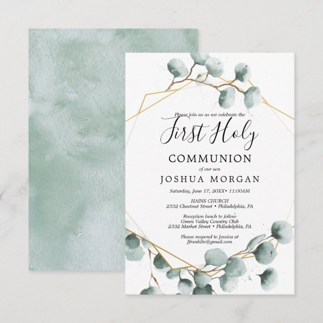 Eukalyptus Greenery Erster Kommunion Einladung (Vorne/Hinten)