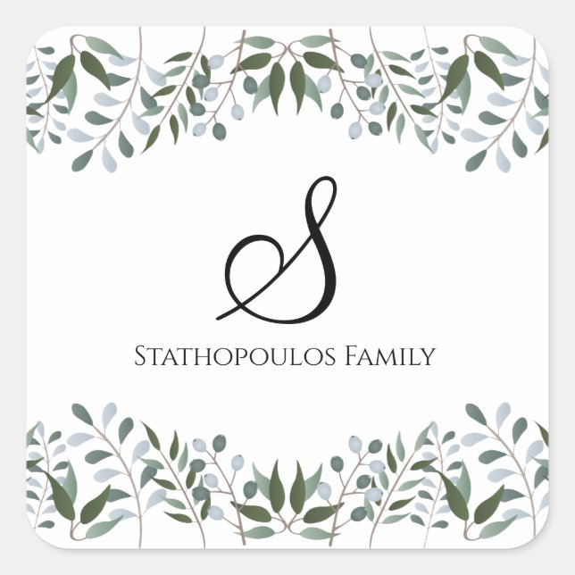 Eukalyptus Greenery Floral Familienname Quadratischer Aufkleber (Vorderseite)