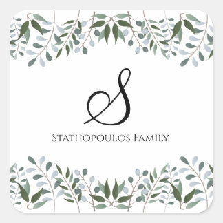 Eukalyptus Greenery Floral Familienname Quadratischer Aufkleber