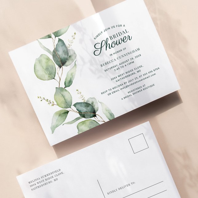 Eukalyptus Greenery Foliage Script-Brautparty Einladungspostkarte (Eucalyptus Greenery Botanical Bridal Shower Invitation Postcard)