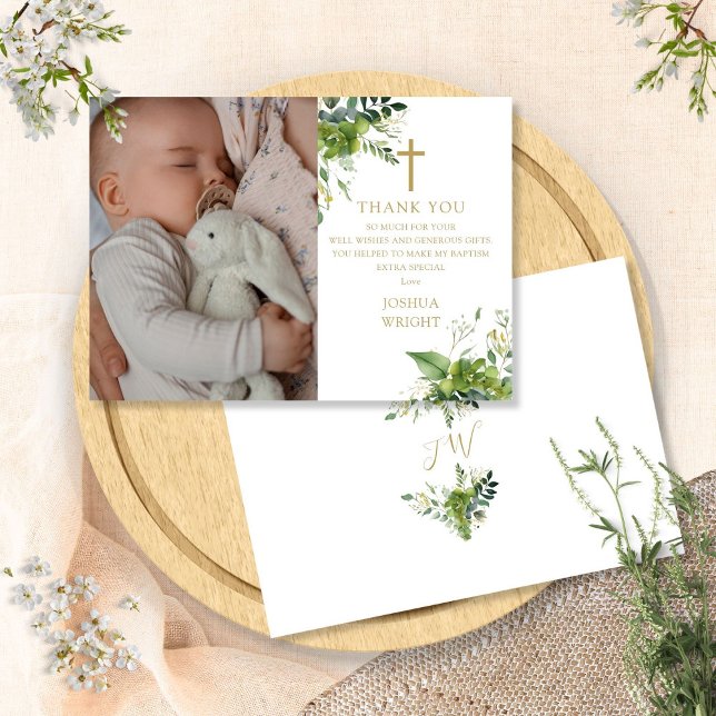 Eukalyptus Greenery Foto Taufe Christening Dankeskarte (Eucalyptus Greenery Photo Baptism Christening Thank You Card)