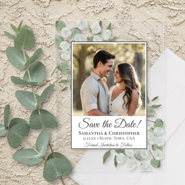 Eukalyptus & Greenery Foto Wedding Save the Date Acryleinladungen (Clear Acrylic with Rectangle Cut)