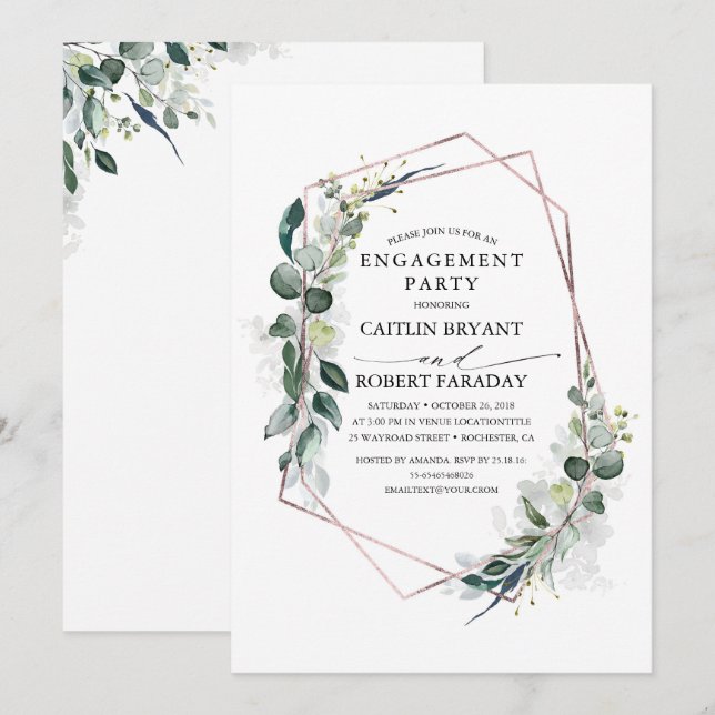 Eukalyptus Greenery Geometric Engagement Party Einladung (Vorne/Hinten)