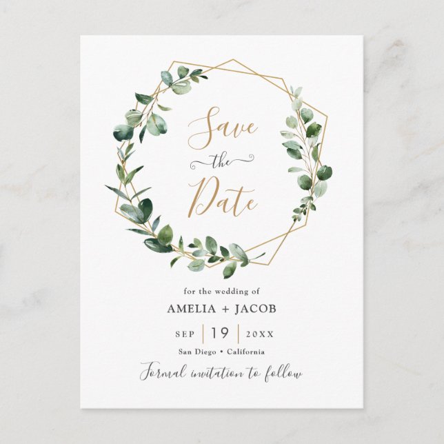 Eukalyptus Greenery Geometric Frame Save the Date Postkarte (Vorderseite)