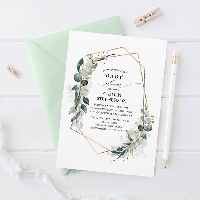 Eukalyptus Greenery Geometric Modern Baby Shower Einladung (Eucalyptus Leaves Baby Shower Invitations)