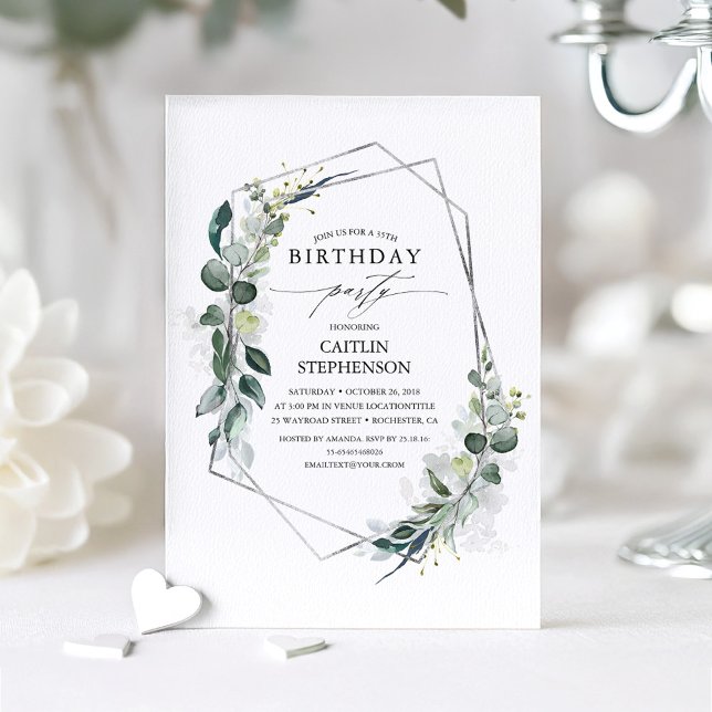 Eukalyptus Greenery Geometric Modern Birthday Einladung (Eucalyptus Leaves Elegant Birthday Invitation)