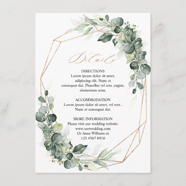Eukalyptus Greenery Geometric Wedding Details Begleitkarte (Vorderseite)