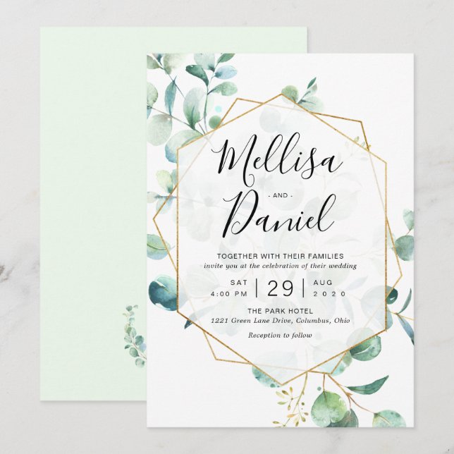 Eukalyptus Greenery Geometric Wedding Einladung (Vorne/Hinten)