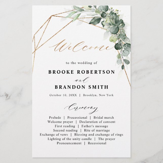 Eukalyptus Greenery Geometric Wedding Program (Vorderseite)