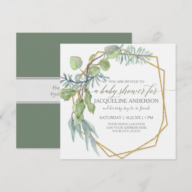 Eukalyptus Greenery Geometric Wreath Baby Shower Einladung (Vorne/Hinten)