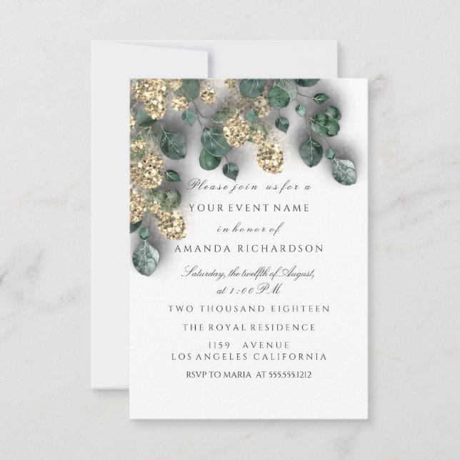 Eukalyptus Greenery Glitzer Gold Foils White Einladung (Vorderseite)