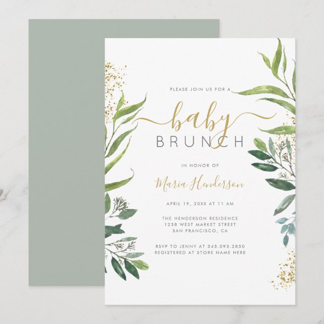 Eukalyptus Greenery & Gold Baby Dusche Brunch Einladung (Vorne/Hinten)