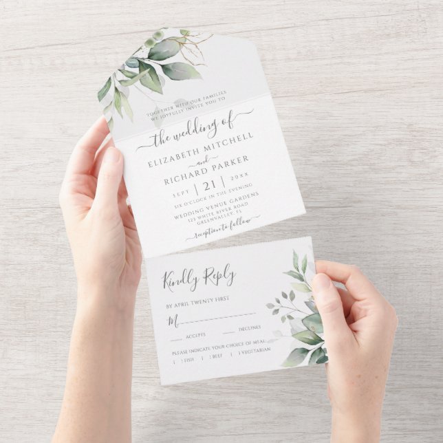 Eukalyptus Greenery Gold Blätter Botanische Hochze All In One Einladung (Abreißen)